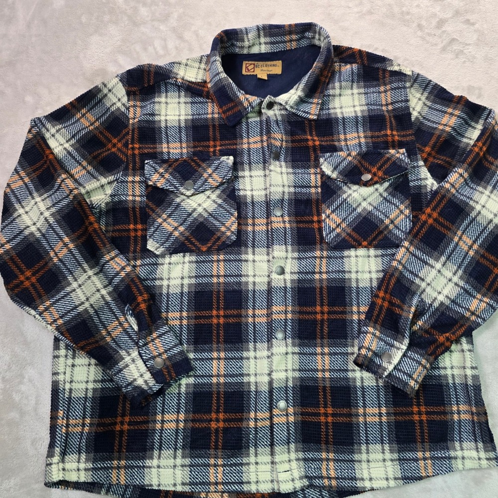 BC Clothing Heritage Mens Large Plaid Waffle Fleece Shirt Jacket Navy Orange